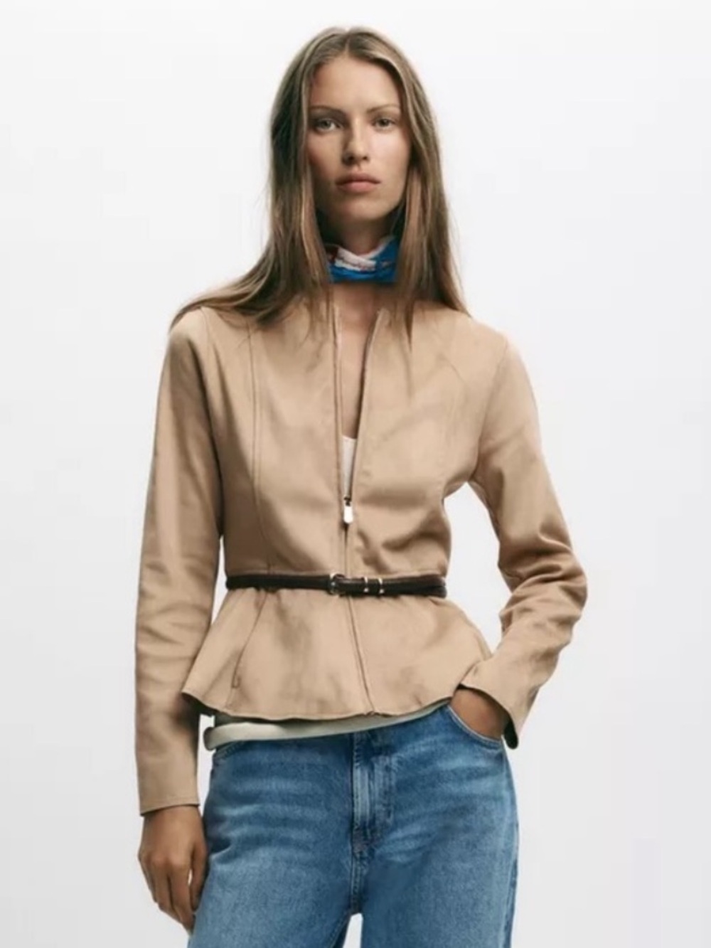NWT Zara Woman BELTED FAUX SUEDE PEPLUM JACKET Size S Small